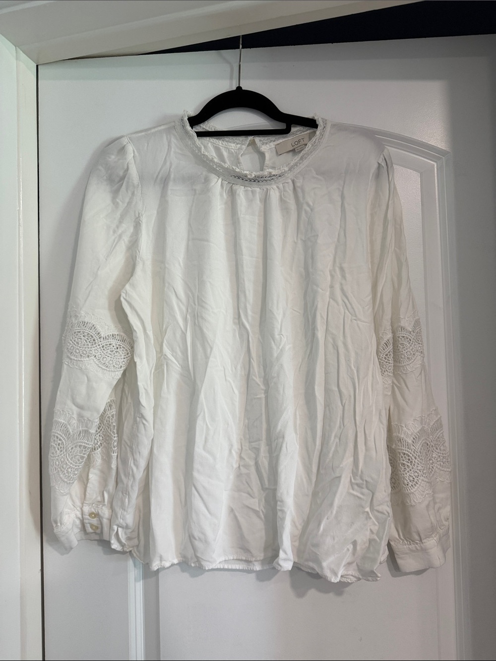 LOFT White Long-Sleeve Lace Panel Peasant Top